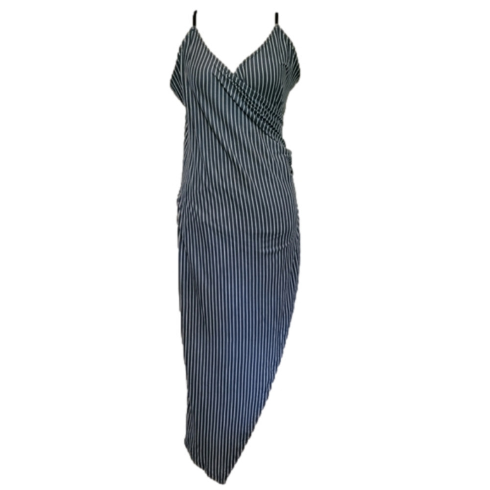 Polly & Esther Pinstriped Surplice Sleeveless Asymmetrical Hem Dress Size L